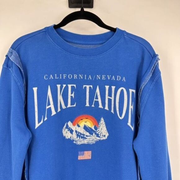 Goodie Two Sleeves Royal Blue Oversized Lake Tahoe Raw Seam Sweatshirt Medium - Picture 3 of 10